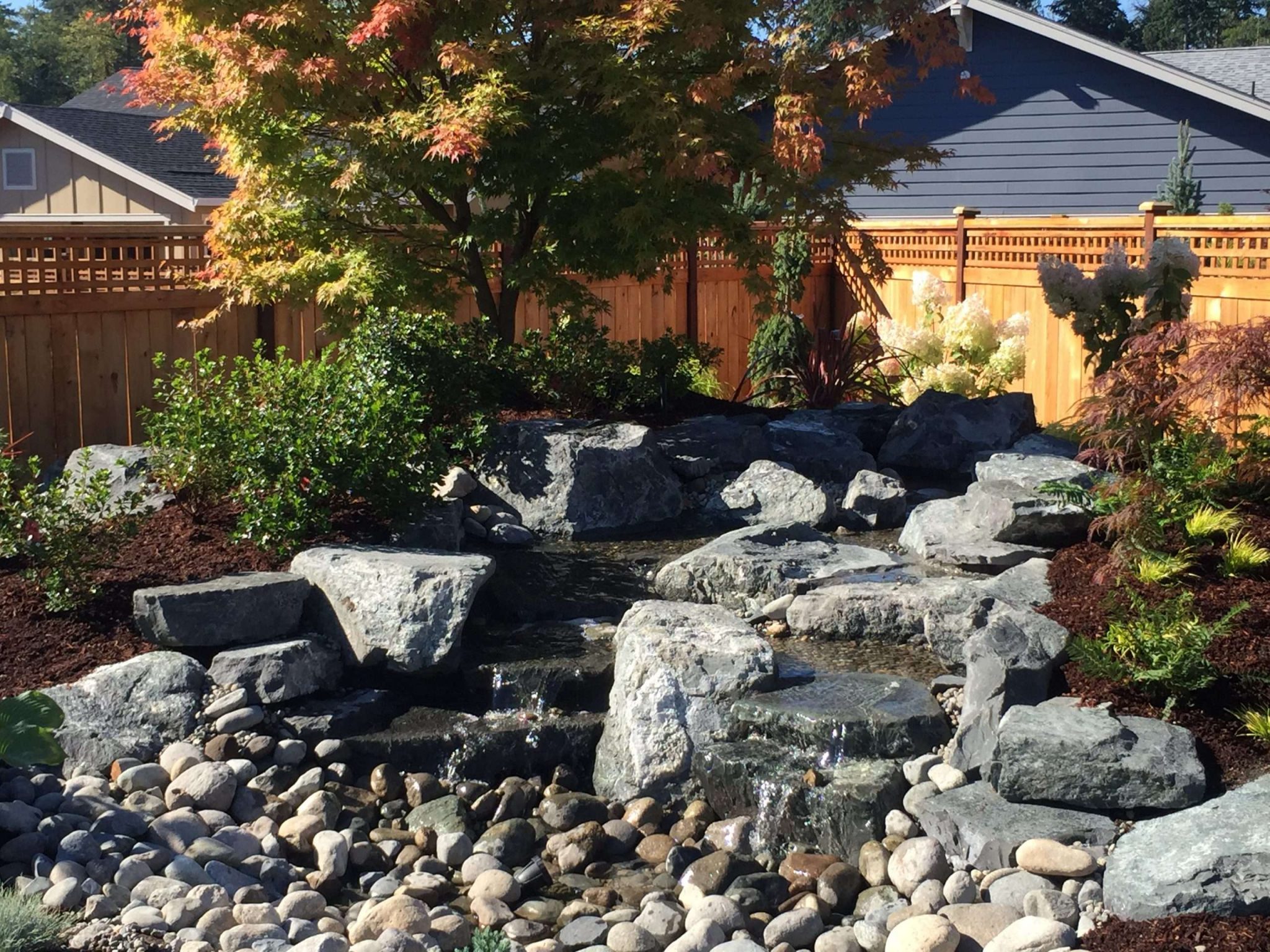 Professional pond installation with water feature